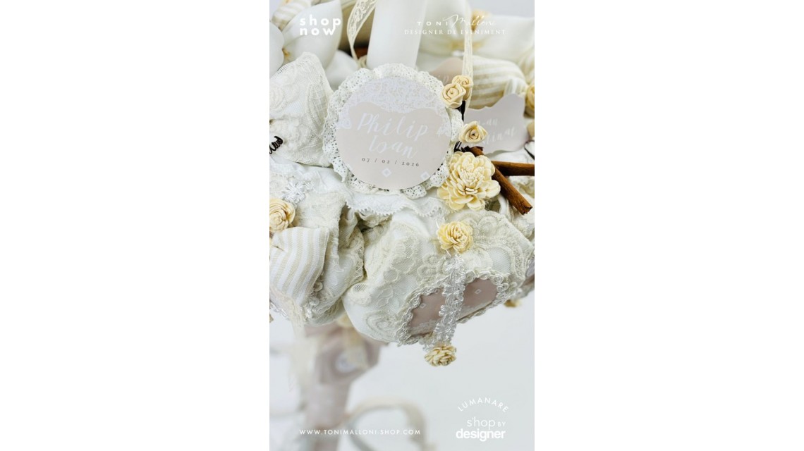 Lumânare botez unisex Cream French Lace cu dantelă crem și flori uscate 2